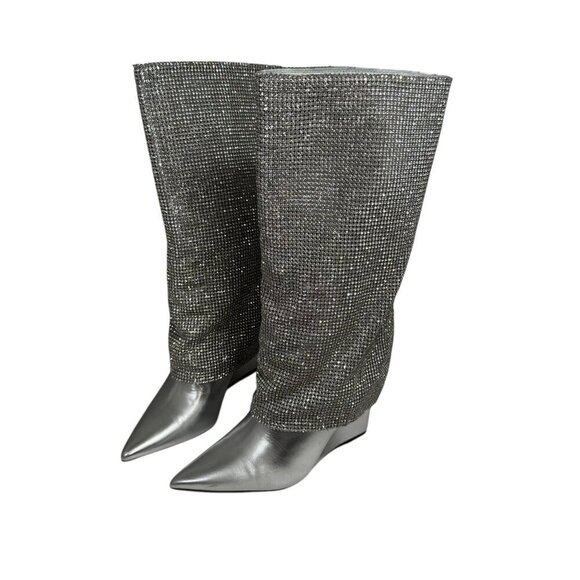 Steve Madden Riski Metallic Leather Rhinestone Foldover Tall Wedge Boots NEW - Picture 4 of 10